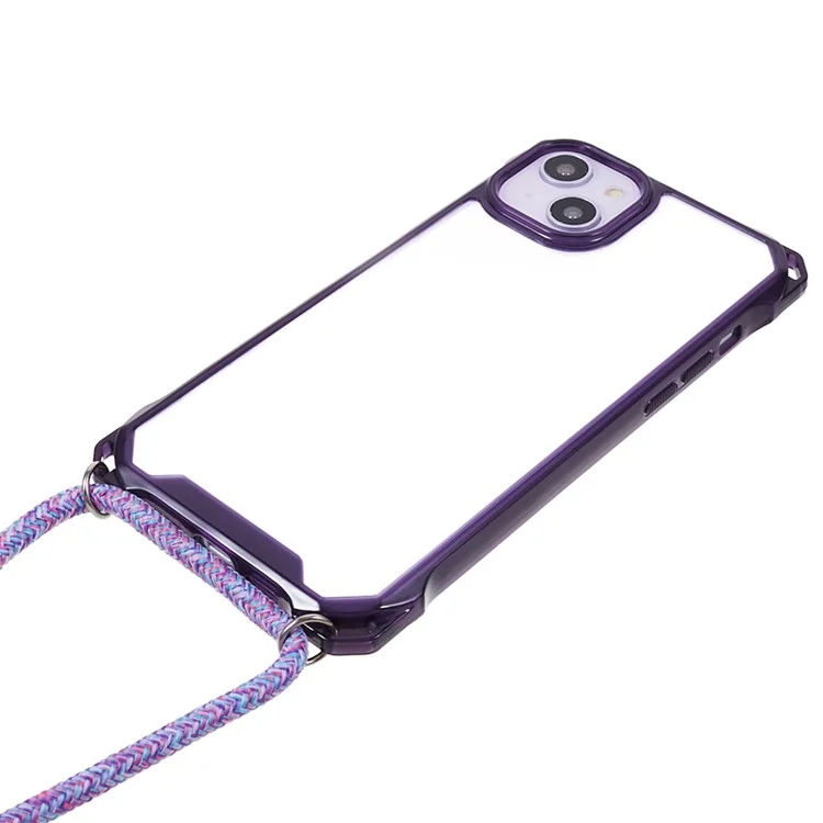Für iPhone 14 / 13 Klare Handy-Hülle Acryl+TPU Vier-Ecken-Fallschutz-Abdeckung mit Schlaufe - Lila Rahmen