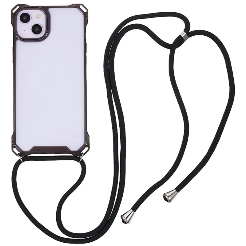 For iPhone 14 / 13 Clear Phone Case Acrylic+TPU Four Corner Anti Drop Cover with Lanyard - Black Frame