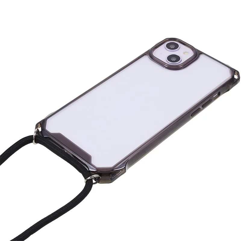 For iPhone 14 / 13 Clear Phone Case Acrylic+TPU Four Corner Anti Drop Cover with Lanyard - Black Frame