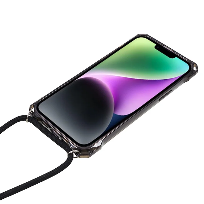 For iPhone 14 / 13 Clear Phone Case Acrylic+TPU Four Corner Anti Drop Cover with Lanyard - Black Frame