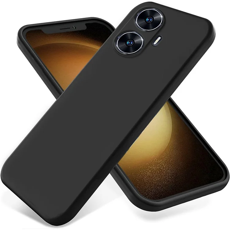 For Realme Narzo N55 4G Liquid Silicone Phone Case Anti-drop Soft Lining Phone Cover with Strap - Black