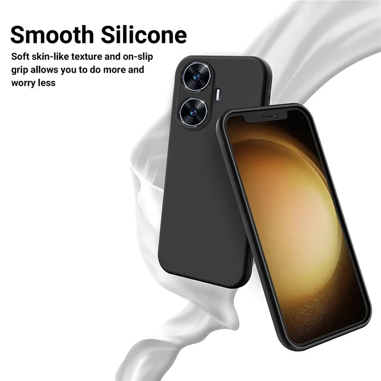 For Realme Narzo N55 4G Liquid Silicone Phone Case Anti-drop Soft Lining Phone Cover with Strap - Black