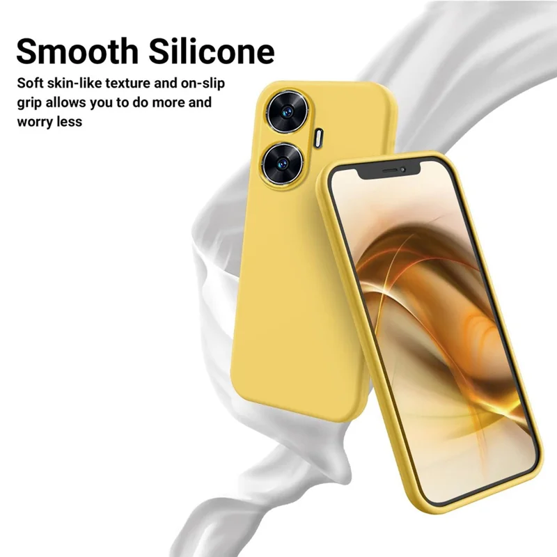 For Realme Narzo N55 4G Liquid Silicone Phone Case Anti-drop Soft Lining Phone Cover with Strap - Yellow