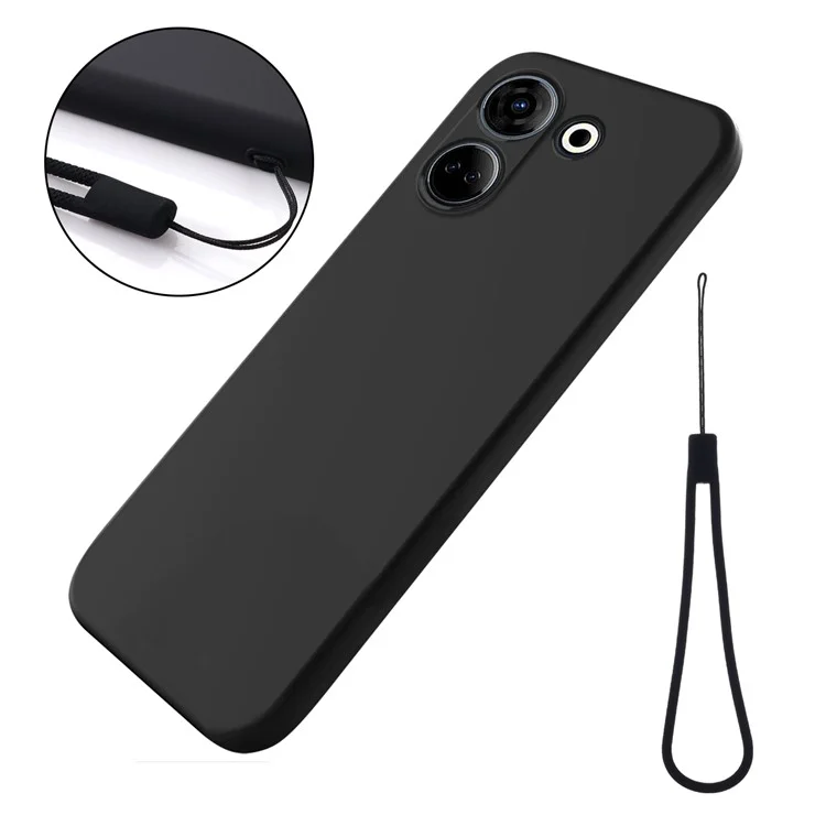 Per TECNO Camon 20 4G Liquid Silicone Phone Case Soft Lining Anti-Scratch Phone Cover with Strap - Black