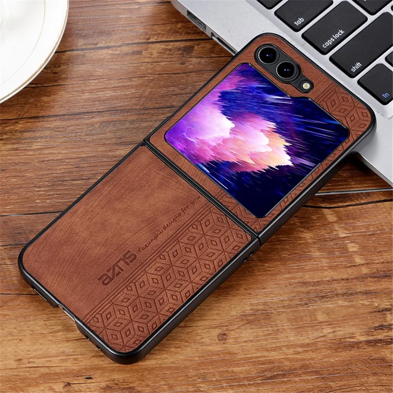 AZNS For Samsung Galaxy Z Flip5 5G Imprinted Pattern Phone Case PU Leather + Hard PC Thin Cover - Brown