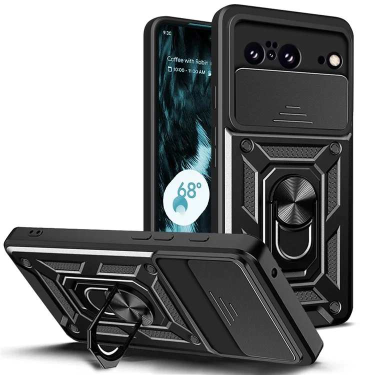 Pour Google Pixel 8 Camera Lens Slide Design Shockproof Phone Case PC+TPU Kickstand Cover - Noir