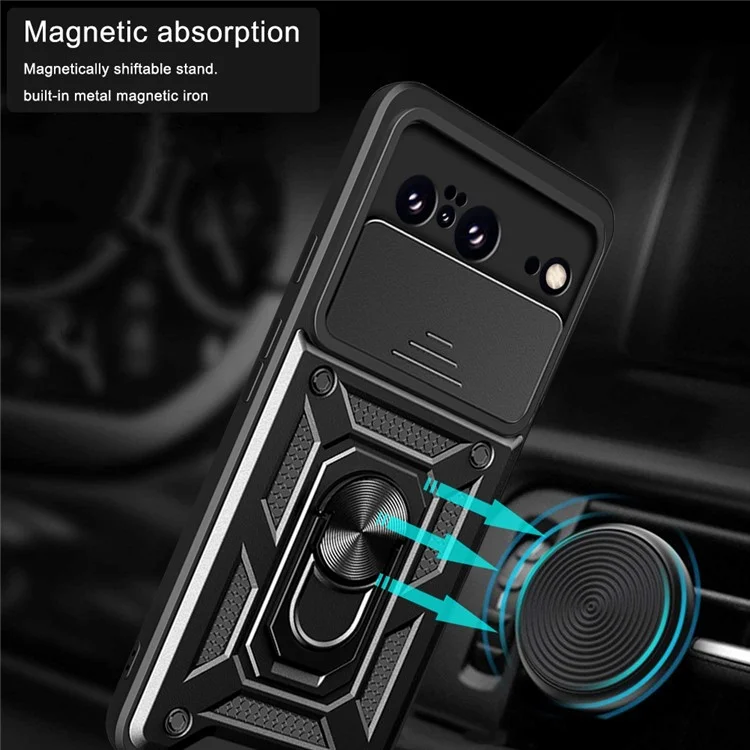Pour Google Pixel 8 Camera Lens Slide Design Shockproof Phone Case PC+TPU Kickstand Cover - Noir