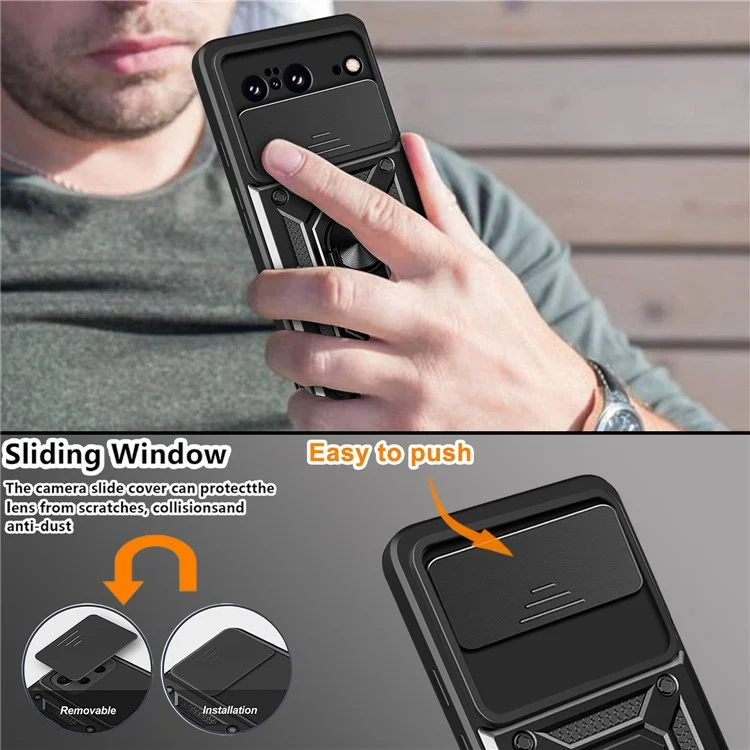 Pour Google Pixel 8 Camera Lens Slide Design Shockproof Phone Case PC+TPU Kickstand Cover - Noir
