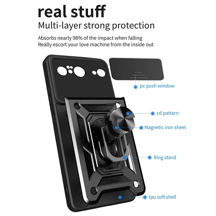 Pour Google Pixel 8 Camera Lens Slide Design Shockproof Phone Case PC+TPU Kickstand Cover - Noir