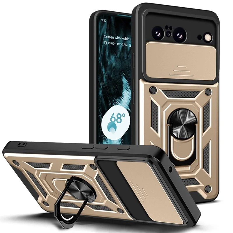 For Google Pixel 8 Camera Lens Slide Design Shockproof Phone Case PC+TPU Kickstand Cover - Gold