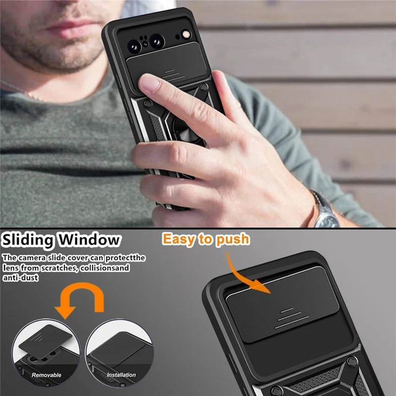 For Google Pixel 8 Camera Lens Slide Design Shockproof Phone Case PC+TPU Kickstand Cover - Gold