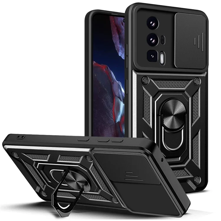 Handyhülle für Xiaomi Poco F5 Pro 5G / Redmi K60 5G / K60 Pro 5G Kameralinsen-Schiebe-Design PC+TPU Ständerhalterung - Schwarz