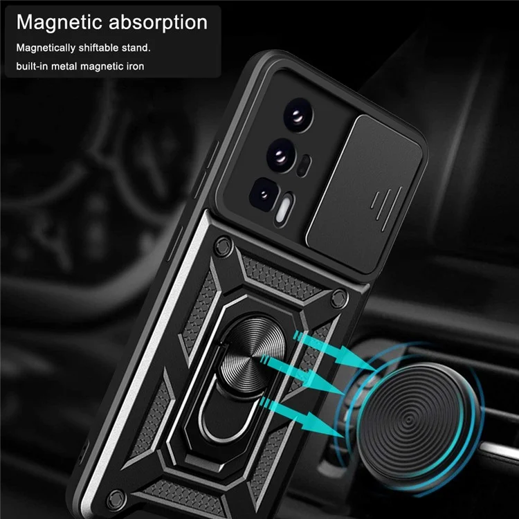 Handyhülle für Xiaomi Poco F5 Pro 5G / Redmi K60 5G / K60 Pro 5G Kameralinsen-Schiebe-Design PC+TPU Ständerhalterung - Schwarz