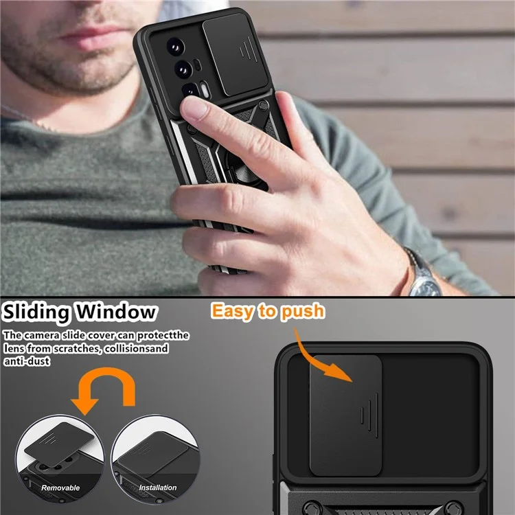 Handyhülle für Xiaomi Poco F5 Pro 5G / Redmi K60 5G / K60 Pro 5G Kameralinsen-Schiebe-Design PC+TPU Ständerhalterung - Schwarz