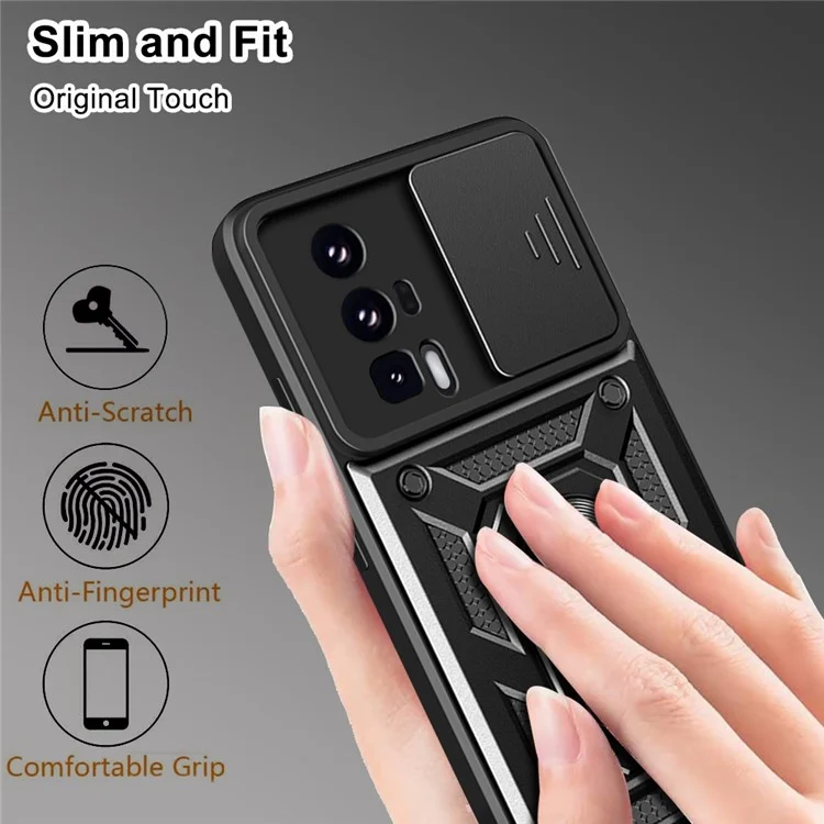 Handyhülle für Xiaomi Poco F5 Pro 5G / Redmi K60 5G / K60 Pro 5G Kameralinsen-Schiebe-Design PC+TPU Ständerhalterung - Schwarz