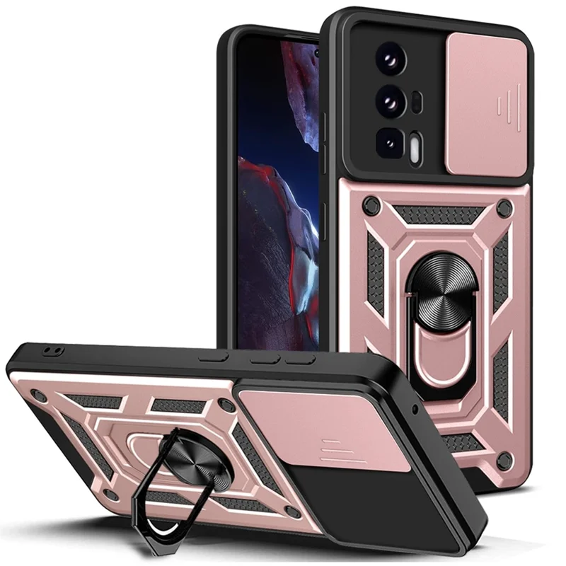 Phone Case for Xiaomi Poco F5 Pro 5G / Redmi K60 5G / K60 Pro 5G Camera Lens Slide Design PC+TPU Kickstand Cover - Rose Gold