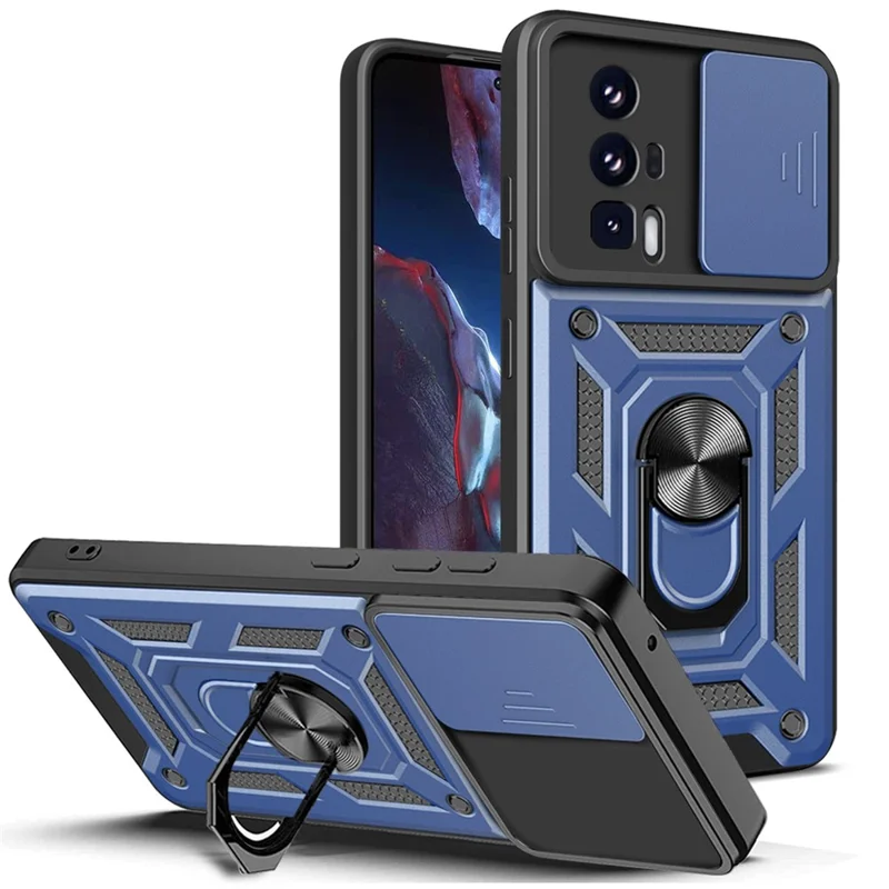 Phone Case for Xiaomi Poco F5 Pro 5G / Redmi K60 5G / K60 Pro 5G Camera Lens Slide Design PC+TPU Kickstand Cover - Blue