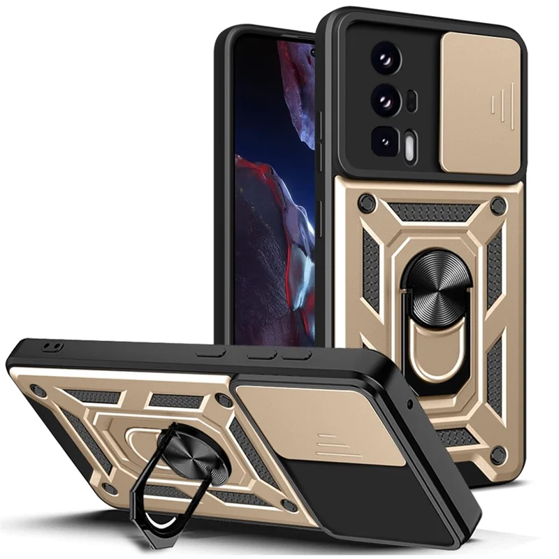 Чехол для телефона для Xiaomi Poco F5 Pro 5G / Redmi K60 5G / K60 Pro 5G с дизайном слайдера камеры, корпус из ПК+ТПУ со стойкой - золотой