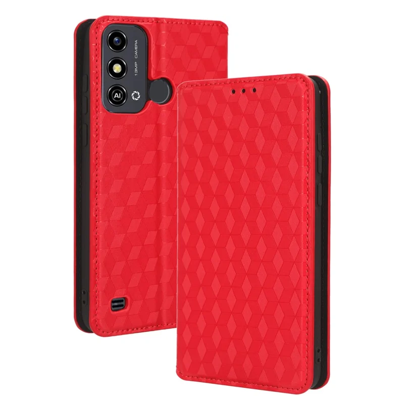 For ZTE Blade A53 / A53+ Rhombus Imprinted Shell PU Leather Stand Case Drop Resistant Phone Cover - Red