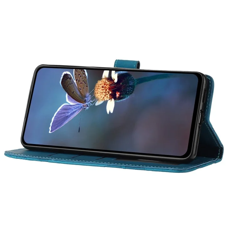 Pour iPhone 14 Pro Imprinted Flower Pattern Phone Case PU Leather Flip Stand Wallet Cover Shell with Strap - Bleu