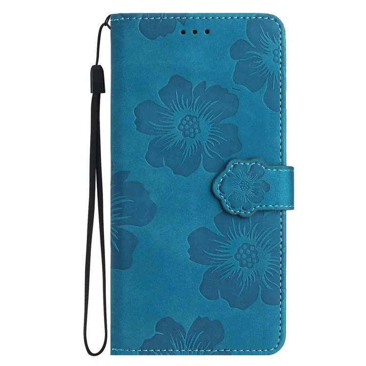 Pour iPhone 14 Pro Imprinted Flower Pattern Phone Case PU Leather Flip Stand Wallet Cover Shell with Strap - Bleu