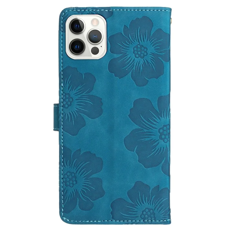 Pour iPhone 14 Pro Imprinted Flower Pattern Phone Case PU Leather Flip Stand Wallet Cover Shell with Strap - Bleu