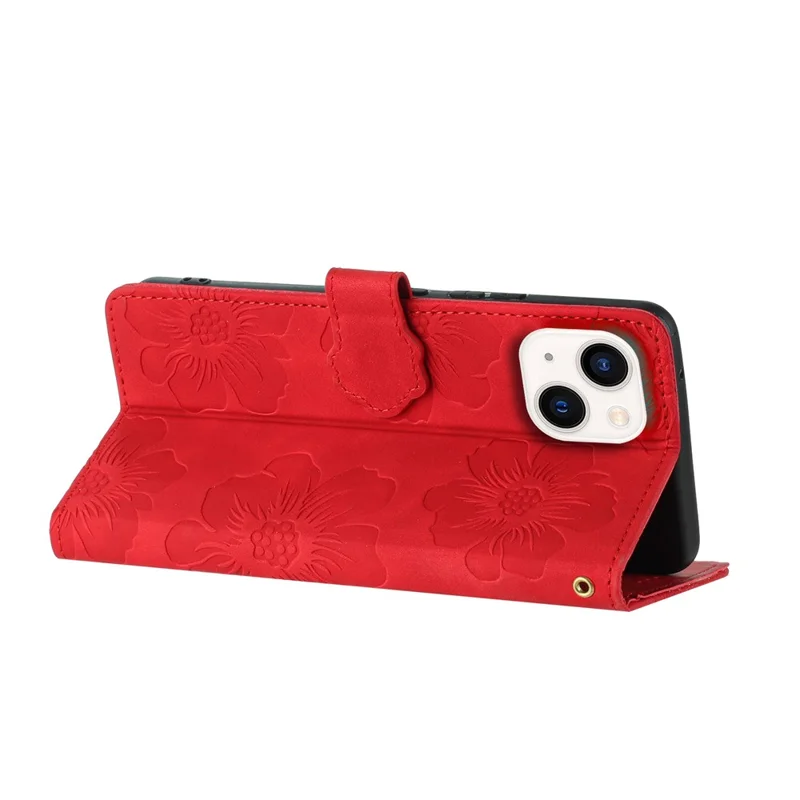 For iPhone 13 6.1 inch Wallet Cover PU Leather Flip Stand Phone Shell Imprinted Flower Pattern Phone Case - Red