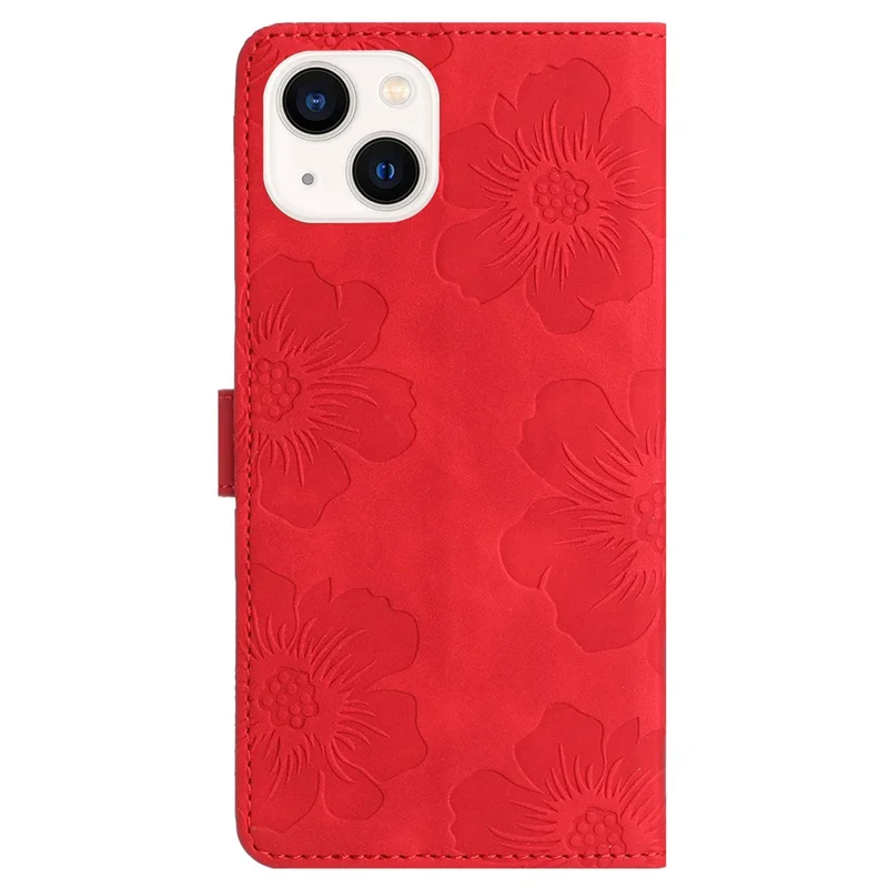 For iPhone 13 6.1 inch Wallet Cover PU Leather Flip Stand Phone Shell Imprinted Flower Pattern Phone Case - Red