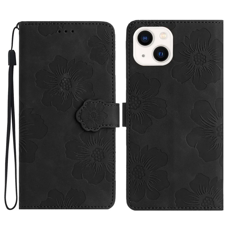 For iPhone 14 Cell Phone Case PU Leather Imprinted Flower Pattern Stand Wallet Cover with Strap - Black