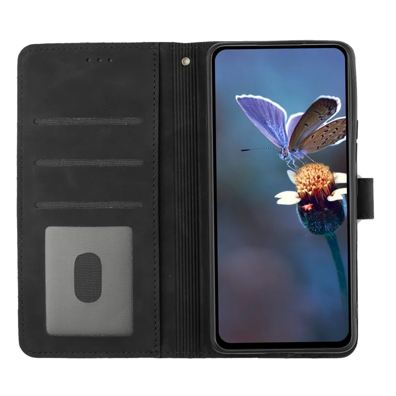 For iPhone 14 Cell Phone Case PU Leather Imprinted Flower Pattern Stand Wallet Cover with Strap - Black