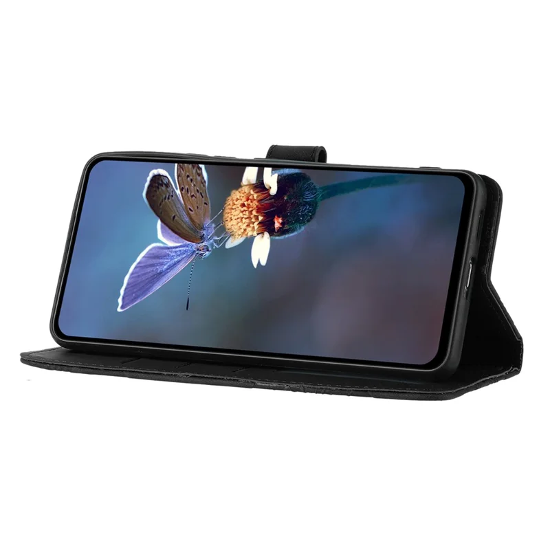 For iPhone 14 Cell Phone Case PU Leather Imprinted Flower Pattern Stand Wallet Cover with Strap - Black