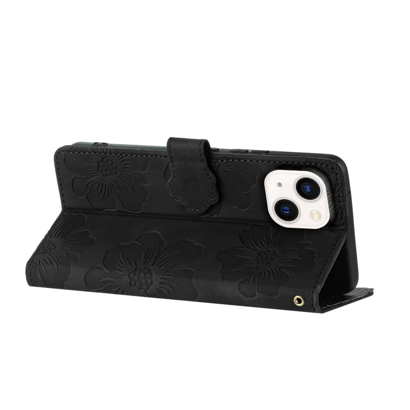 For iPhone 14 Cell Phone Case PU Leather Imprinted Flower Pattern Stand Wallet Cover with Strap - Black