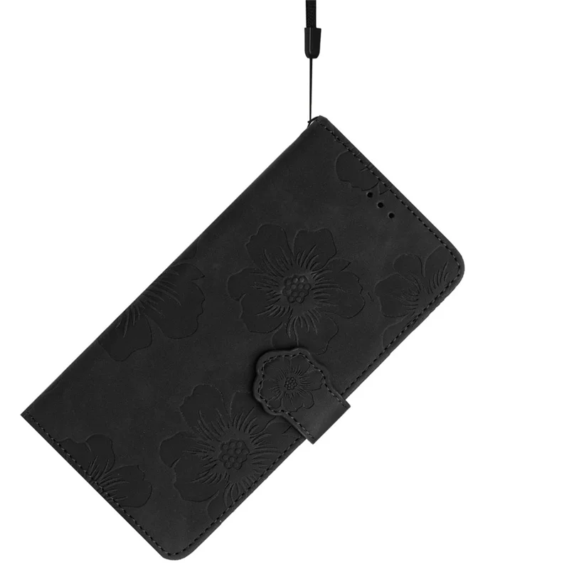For iPhone 14 Cell Phone Case PU Leather Imprinted Flower Pattern Stand Wallet Cover with Strap - Black