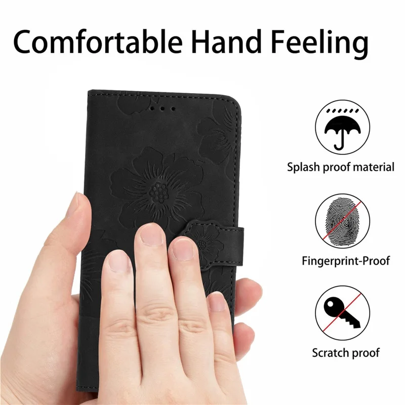For iPhone 14 Cell Phone Case PU Leather Imprinted Flower Pattern Stand Wallet Cover with Strap - Black