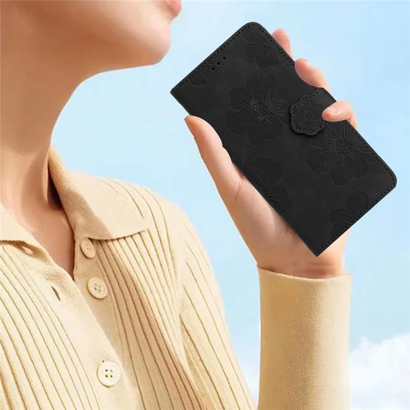 For iPhone 14 Cell Phone Case PU Leather Imprinted Flower Pattern Stand Wallet Cover with Strap - Black