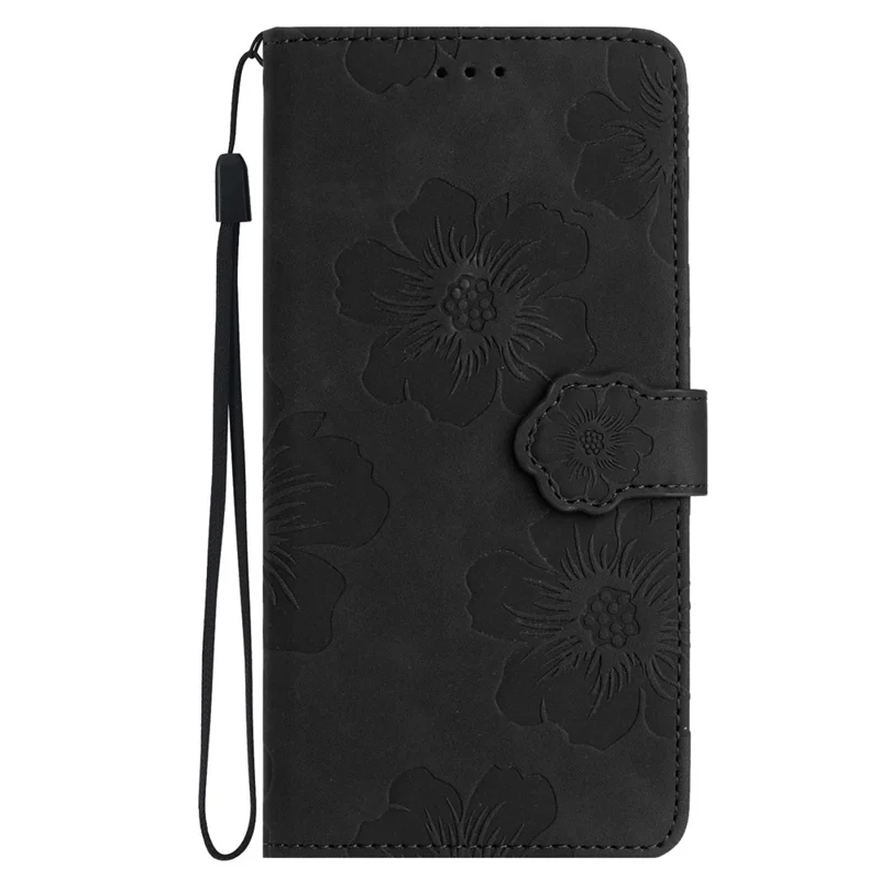 For iPhone 14 Cell Phone Case PU Leather Imprinted Flower Pattern Stand Wallet Cover with Strap - Black