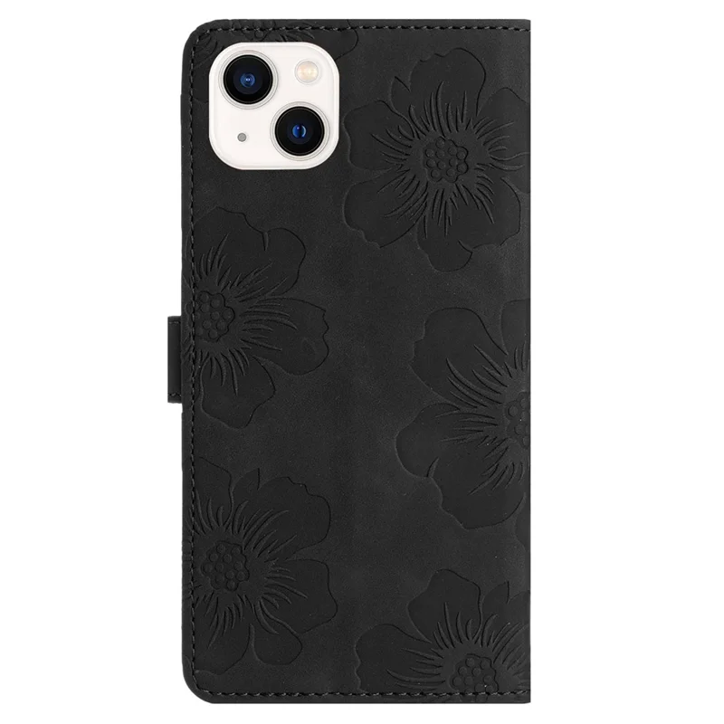 For iPhone 14 Cell Phone Case PU Leather Imprinted Flower Pattern Stand Wallet Cover with Strap - Black