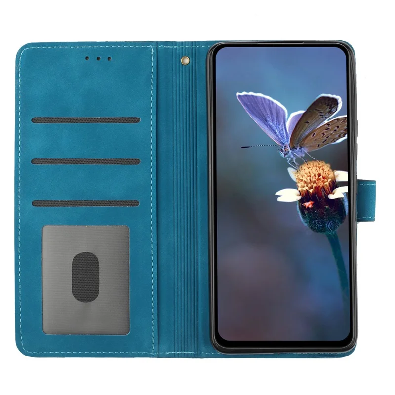 For iPhone 14 Cell Phone Case PU Leather Imprinted Flower Pattern Stand Wallet Cover with Strap - Blue