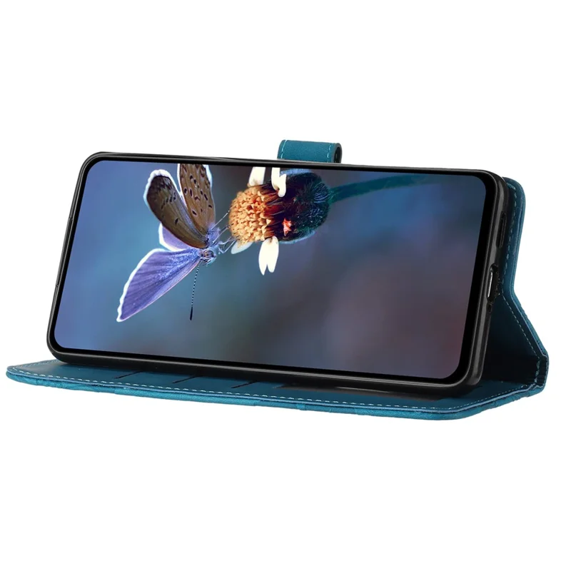 For iPhone 14 Cell Phone Case PU Leather Imprinted Flower Pattern Stand Wallet Cover with Strap - Blue