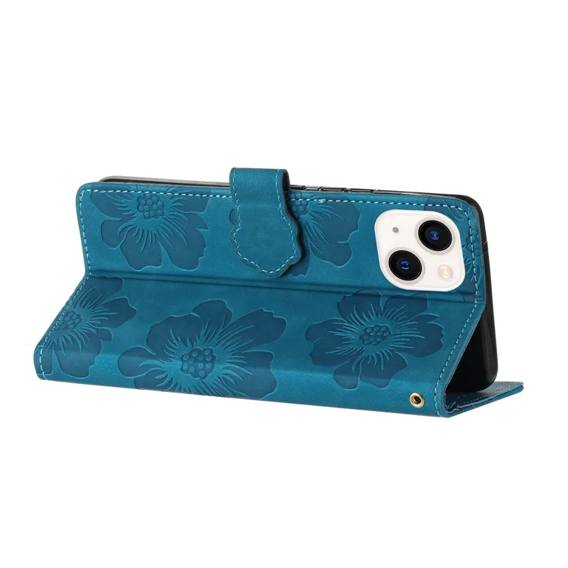 For iPhone 14 Cell Phone Case PU Leather Imprinted Flower Pattern Stand Wallet Cover with Strap - Blue