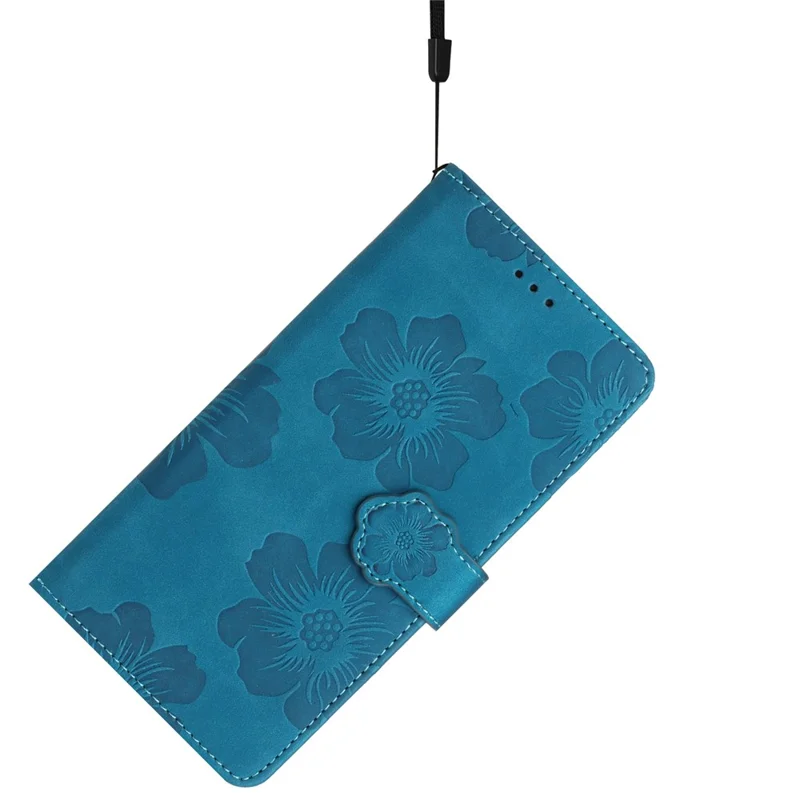 For iPhone 14 Cell Phone Case PU Leather Imprinted Flower Pattern Stand Wallet Cover with Strap - Blue