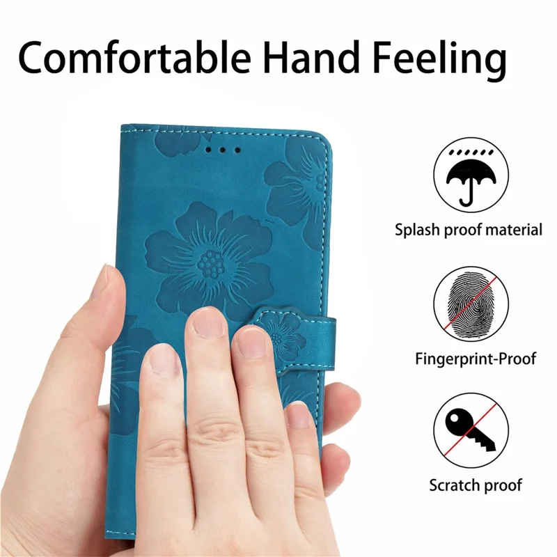 For iPhone 14 Cell Phone Case PU Leather Imprinted Flower Pattern Stand Wallet Cover with Strap - Blue