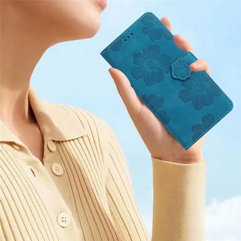 For iPhone 14 Cell Phone Case PU Leather Imprinted Flower Pattern Stand Wallet Cover with Strap - Blue