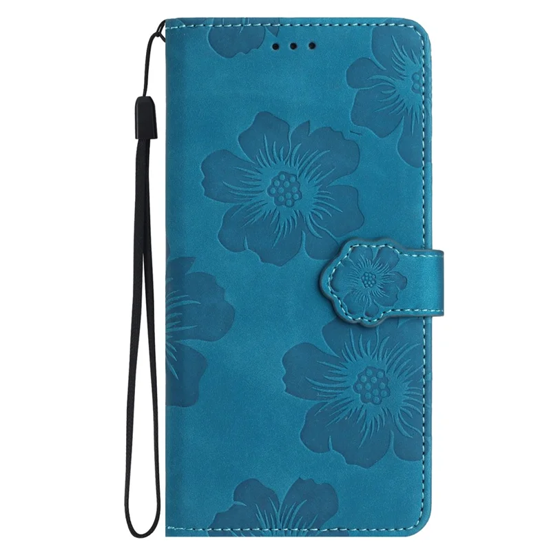For iPhone 14 Cell Phone Case PU Leather Imprinted Flower Pattern Stand Wallet Cover with Strap - Blue