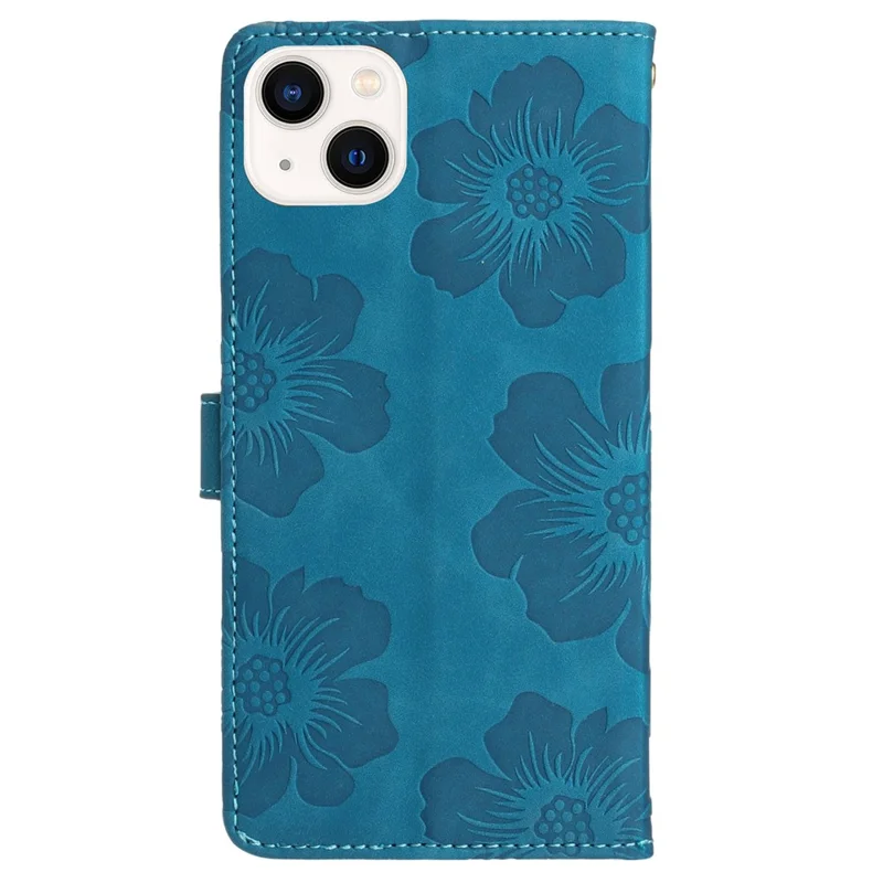 For iPhone 14 Cell Phone Case PU Leather Imprinted Flower Pattern Stand Wallet Cover with Strap - Blue