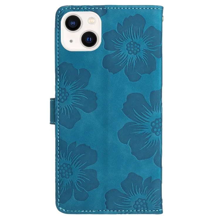 Para iPhone 14 Plus Capa de Telefone de Couro PU Tipo Carteira Coberta Padrão Floral Impresso Flip Stand Case - Azul