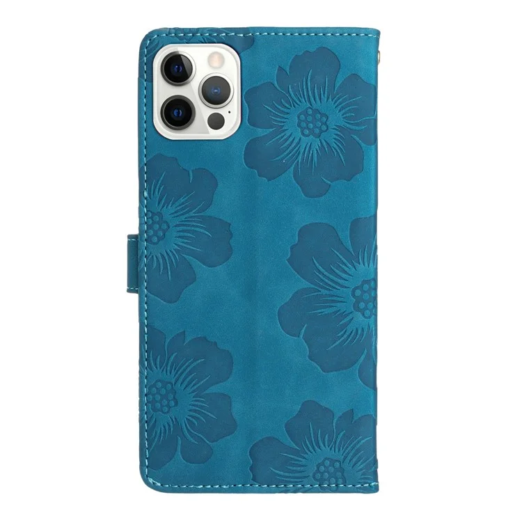 For iPhone 13 Pro Max Stand Phone Case Imprinted Flower Pattern Wallet Cover Flip Style PU Leather Shell - Blue