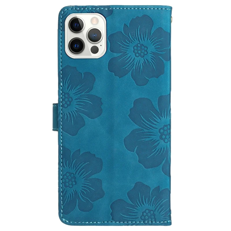 Pour iPhone 14 Pro Max Étui de téléphone à motif floral en cuir PU avec rabat et support - Bleu