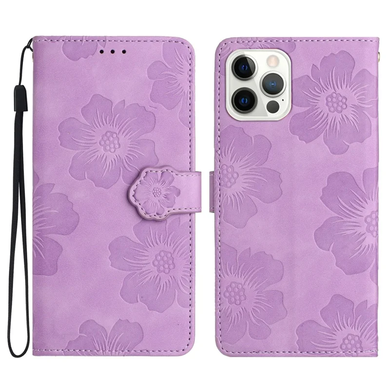 For iPhone 12 Pro Max 6.7 inch Flowers Imprint Phone Case PU Leather Wallet Cover with Stand - Purple