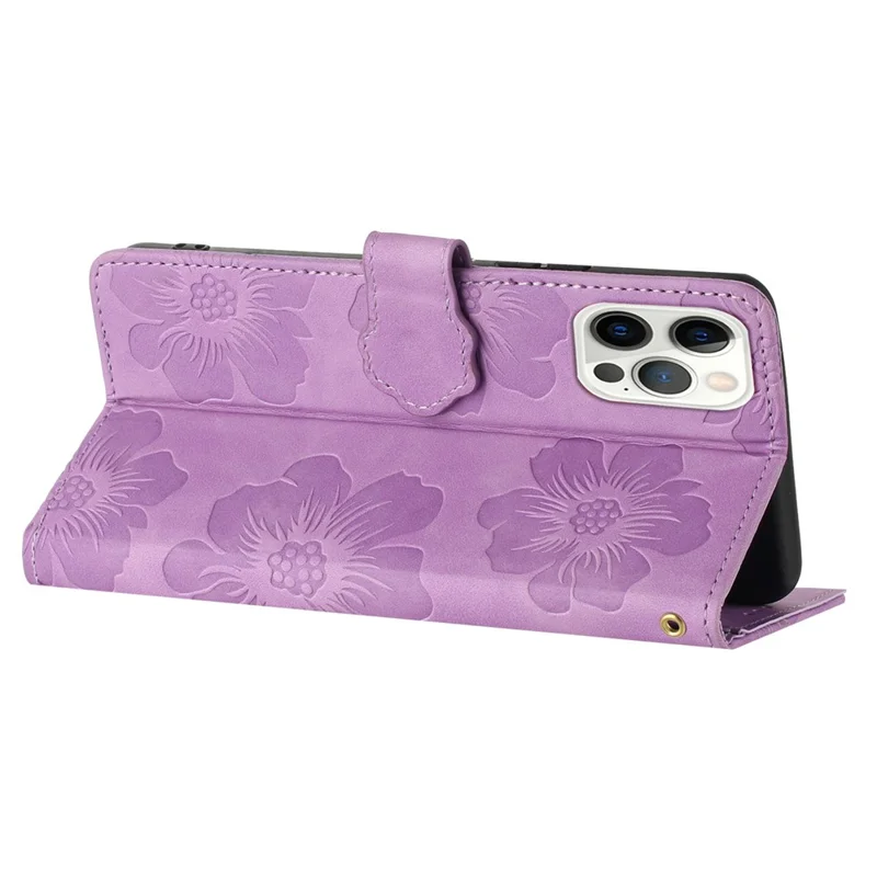 For iPhone 12 Pro Max 6.7 inch Flowers Imprint Phone Case PU Leather Wallet Cover with Stand - Purple